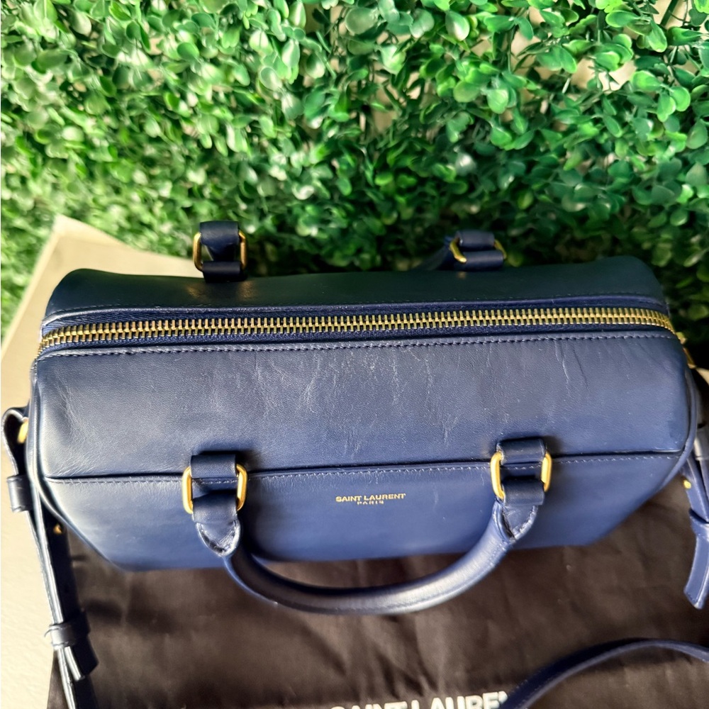 Saint Laurent Navy Leather Bowling Bag Satchel Authentic - Picture 2 of 13
